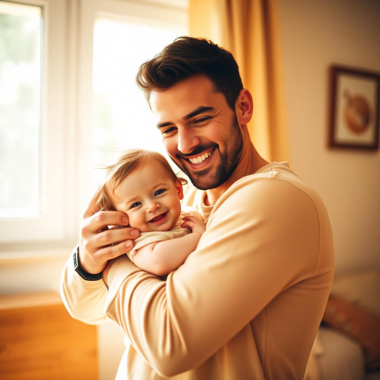 A father holding his baby daughter close, smiling in warm window light